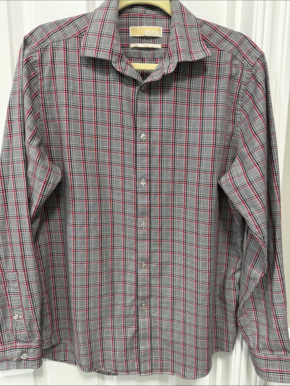 Michael Kors Grey Plaid Button-Down Shirt with Red Trim